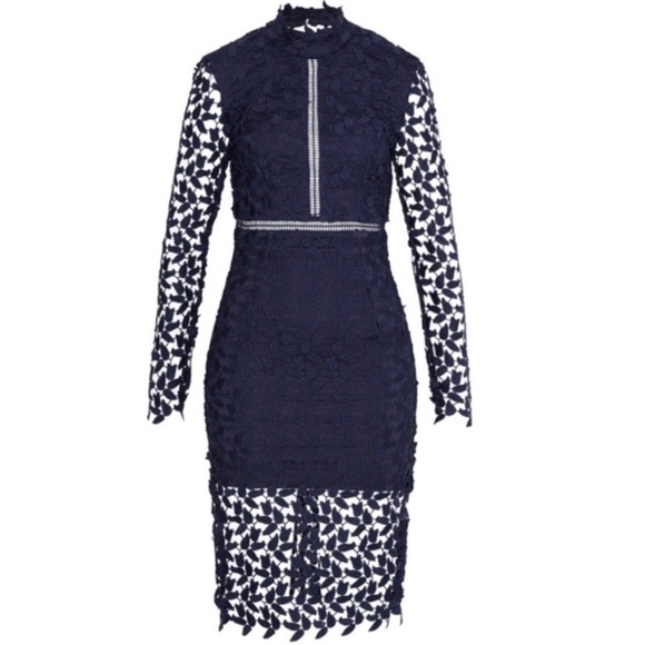 NWT Bardot Alberta Navy Lace Long Sleeve Open Back Midi Sheath Dress Size 8 - Picture 13 of 14
